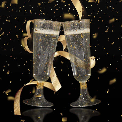 Champagne flutes with sparkling drink and confetti celebration background.