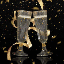 12 Pack | 5oz Gold Glittered Short Stem Plastic Champagne Glasses, Disposable Trumpet Flutes