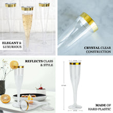 12 Clear Plastic Disposable Champagne Glasses With Gold Rim Hollow Stem And Detachable Base 6 OZ Capacity