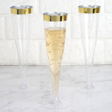 12 Clear Plastic Champagne Glasses With Gold Rim Hollow Stem And Detachable Base Disposable 6 OZ