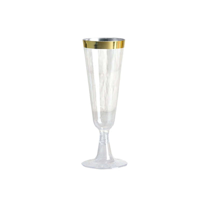 Clear champagne flute with a gold rim on a plain white background.