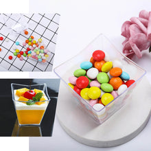 Disposable 4 oz Plastic Dessert Cups In Clear Angled Square 12 Pack