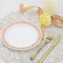 Disposable Round 7 Inch White Plastic Dessert Plate With Rose Gold Lace Rim Design