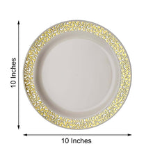 Ivory Plastic Fancy Gold Lace Rim 10 Inch Dinner Plates 10 Pack Disposable 