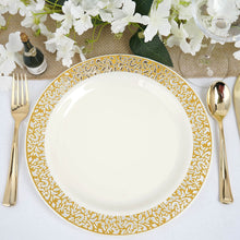 10 Pack Of Fancy Gold Lace Rim Ivory Plastic 10 Inch Dinner Plates Disposable 