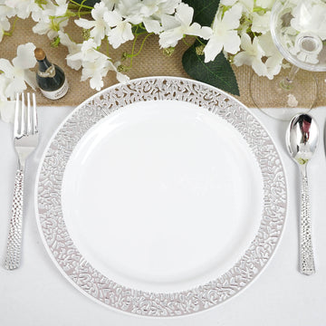 Elegant Silver Lace Rim White Plastic Dinner Plates