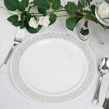 Dinner Plates In White Plastic With Fancy Silver Lace Rim 10 Inch Disposable 10 Pack 