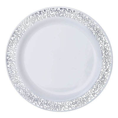 White plate with intricate silver patterned rim