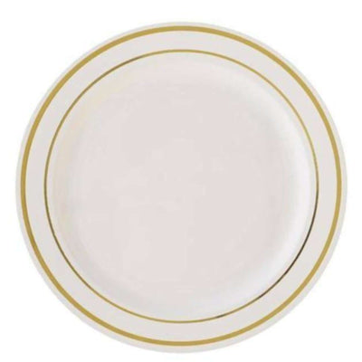 Elegant white plate with gold rim detailing.