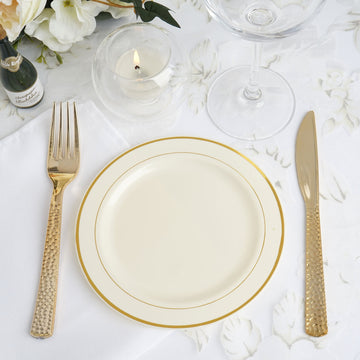Enhance Your Event Decor with Très Chic Gold Rim Ivory Plastic Dessert Plates