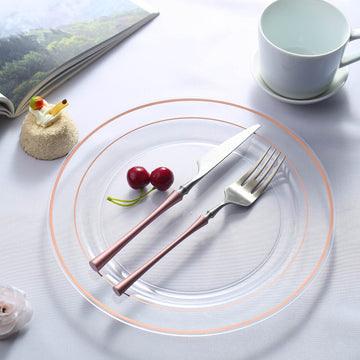 Elevate Your Event with Très Chic Rose Gold Rim Clear Plastic Dinner Plates