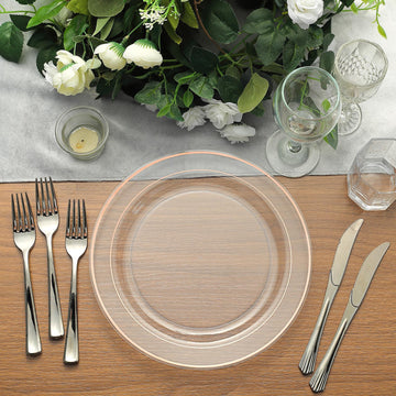 Add a Touch of Luxury with Très Chic Rose Gold Rim Clear Plastic Dinner Plates