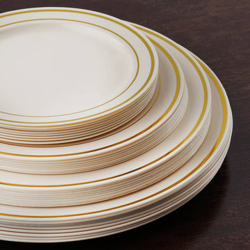 Enhance Your Table Setting with Très Chic Gold Rim Ivory Plastic Dinner Plates