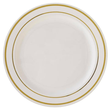 Très Chic Gold Rim Ivory Plastic Dinner Plates - Elegant and Convenient