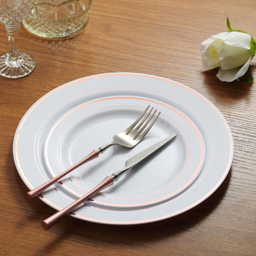 Elevate Your Event with Très Chic Rose Gold Rim White Plastic Dinner Plates