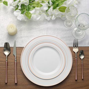 Premium Quality and Convenience in Très Chic Rose Gold Rim White Plastic Dinner Plates