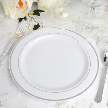 Create Unforgettable Moments with Très Chic Silver Rim White Plastic Dinner Plates