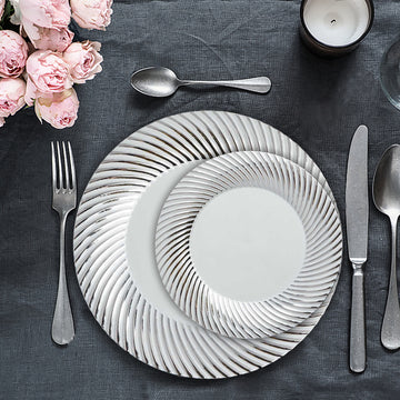 Elegant White/Silver Swirl Rim Plastic Dessert Appetizer Plates