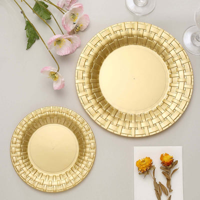 Gold woven decorative plates in two sizes on a light gray surface.