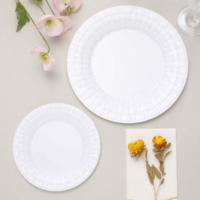 White woven pattern plates set on a neutral background with decorative flowers.
