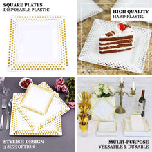 10 Pack | 7inch Gold Polka Dot Rim White Square Plastic Dessert Plates, Disposable Salad Plates