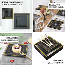 7 Inch Plastic Square Dessert Plates Black with Gold Trim Edges Pack of 10