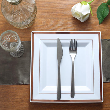 Elevate Your Event with Rose Gold Trim White Square Plastic Dinner Plates