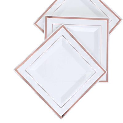 Square white plates with rose gold trim, set of three.