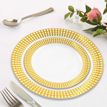 10 Pack White Round Disposable Plastic Salad Dessert Appetizer Plates With Gold Hot Stamped Checkered Rim 8 Inch