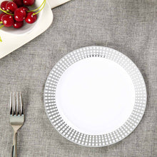 White Plastic Disposable 8 Inch Dessert Plates 10 Pack Round With Silver Hot Stamped Checkered Rim