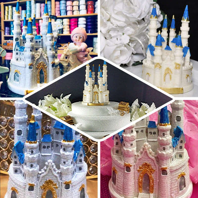 Colorful castle cake design with blue towers and gold accents.