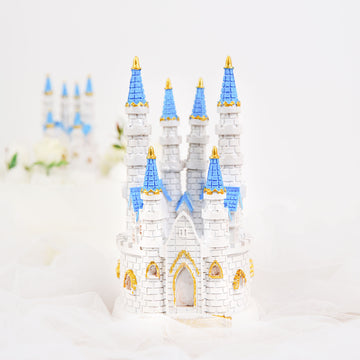 Blue / White Fairytale Princess Castle Cake Topper Figurine, Baby Shower Party Decorations 8.5"