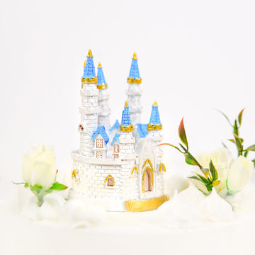 Blue / White Fairytale Princess Castle Cake Topper Figurine, Baby Shower Party Decorations 4.5"