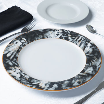 Elegant White Porcelain Dinner Plates with Vintage Art Nouveau Rim