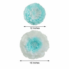 A blue paper carnation flower with the measurements of 12 inches and 16 inches