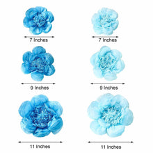 Pack of 6 - Periwinkle & Turquoise Assorted Size Paper Peony Flowers - 7" | 9" | 11"
