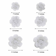 a set of white paper peony flowers with measurements between 7 and 11 inches