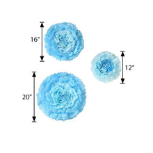 Three blue paper flowers with measurements on a white background