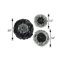 A set of giant charcoal gray paper flowers with measurements - floral backdrop décor, large floral décor, wall decals