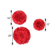 Three giant red paper flowers with measurements on a white background