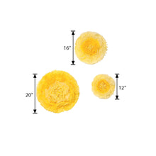 Three giant yellow paper flowers for floral backdrop décor, large floral décor, and wall decals