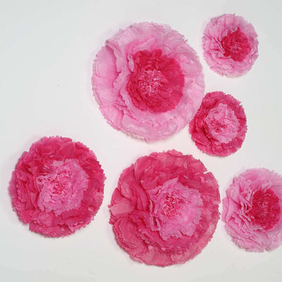Pink paper flowers in various sizes on a white background.
