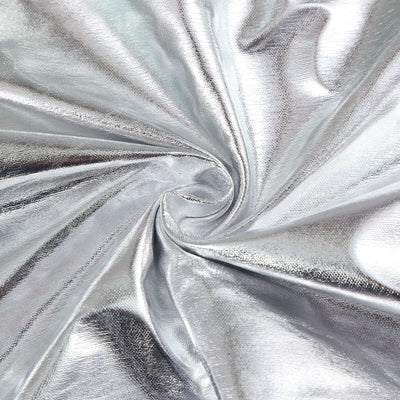 Shiny silver fabric with a smooth texture, twisted in a spiral pattern.