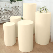 Set of 5 | Beige Spandex Cylinder Plinth Display Box Stand Covers, Pedestal Pillar Prop Covers