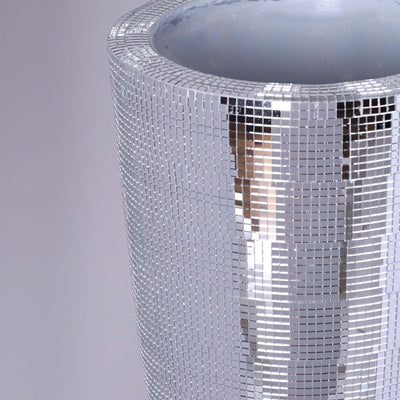 Silver mosaic vase with reflective tiles, perfect for modern decor.