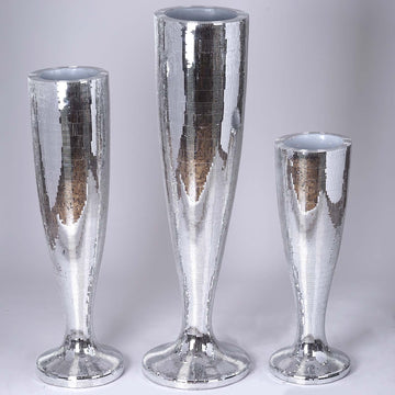 Silver Polystone Mirror Mosaic Pedestal Trumpet Floor Vase - A Versatile Decorative Piece