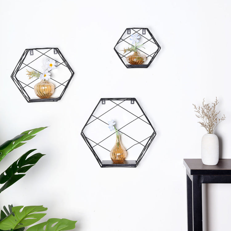 3 Black Geometric Hexagonal Floating Shelves