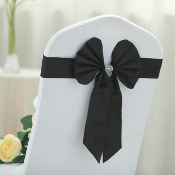 5 Pack Black Reversible Chair Sashes with Buckles, Double Sided Pre-tied Bow Tie Chair Bands Satin and Faux Leather