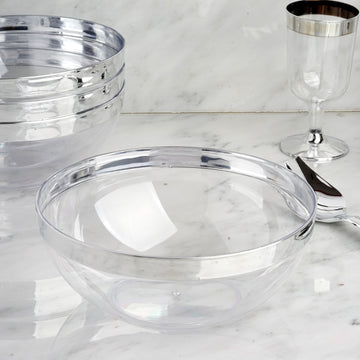4 Pack Clear Elegant Plastic Salad Bowls, Disposable Serving Dishes - Round with Silver Rim 32oz