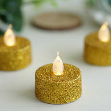 12 Pack Gold Glitter Flameless LED Candles - Battery Operated Tea Light Candles